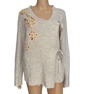 Anthropologie Moth Wool Linen Blend Crochet Wrap Sweater Top Cream size L